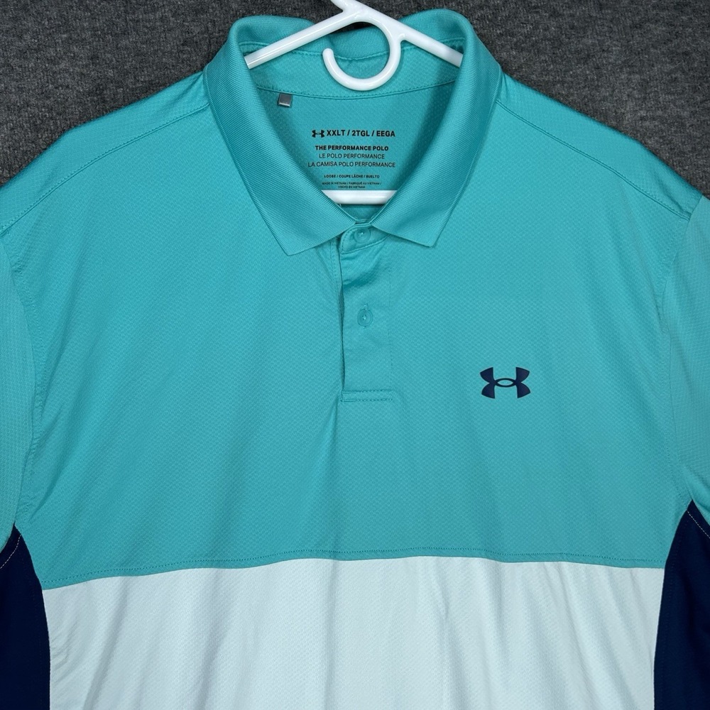 Under Armour Performance Polo Shirt Mens 2XLT Teal Colorblock Golf Short Sleeve